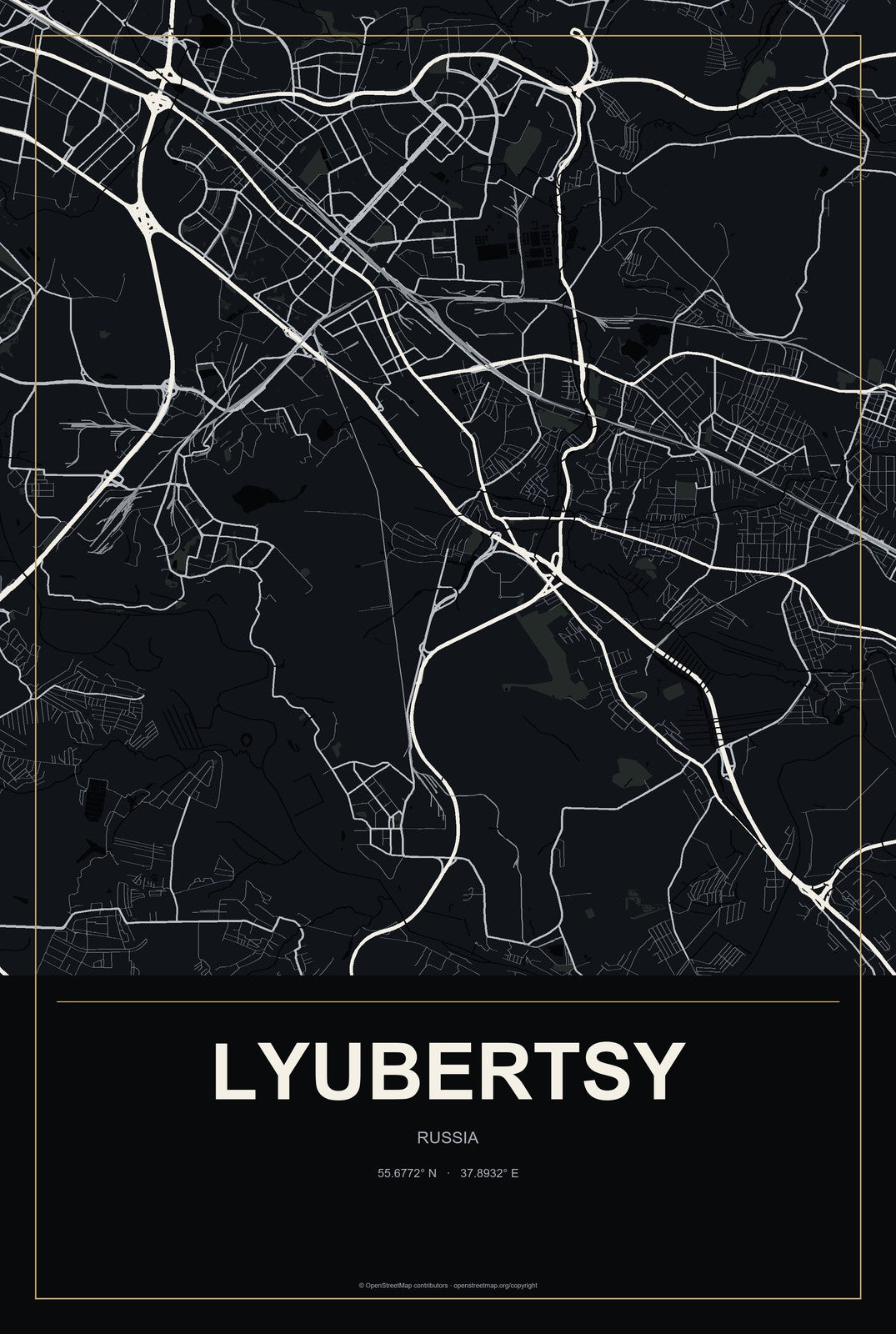Lyubertsy, Russia City Map Aluminum Sign in Metropolitan Noir style