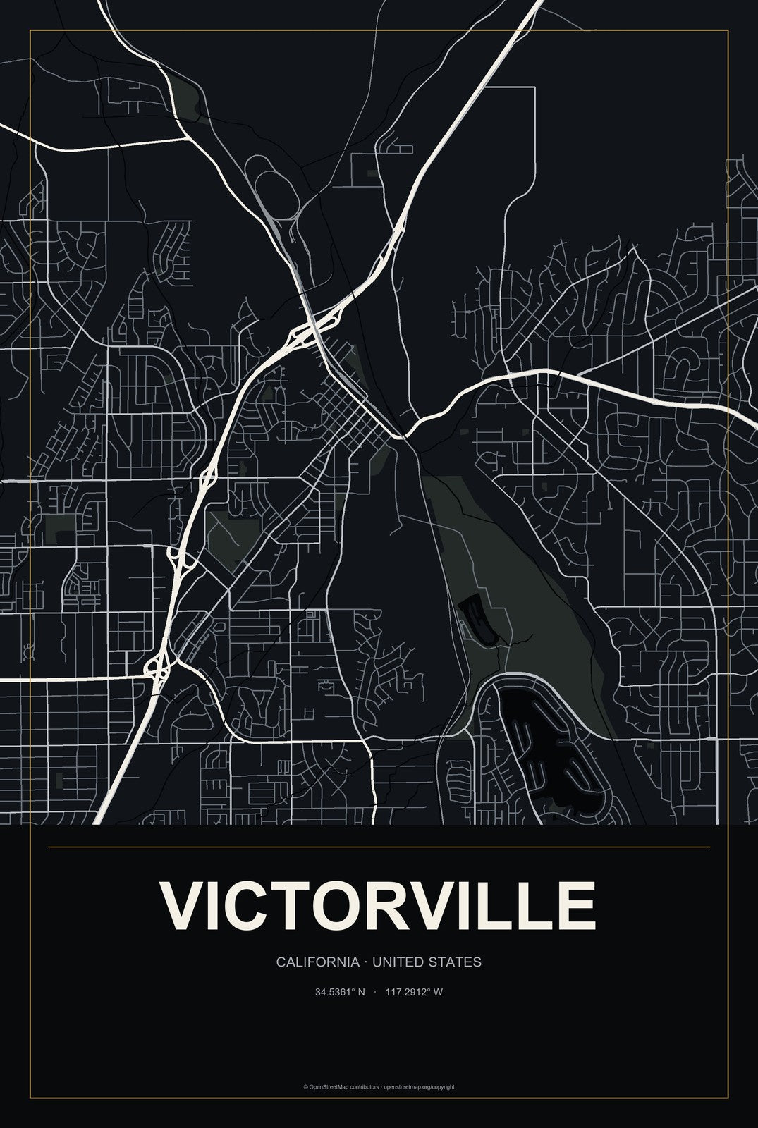 Victorville, California City Map Aluminum Sign in Metropolitan Noir style
