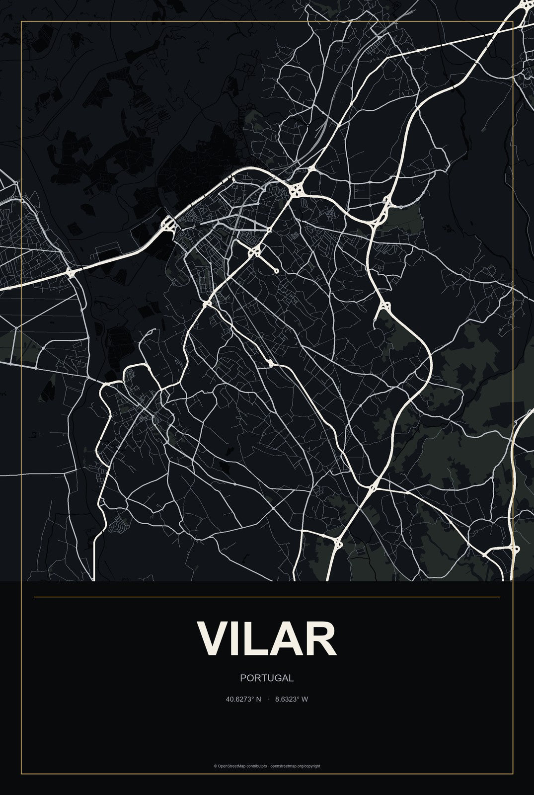 Vilar, Portugal City Map Aluminum Sign in Metropolitan Noir style