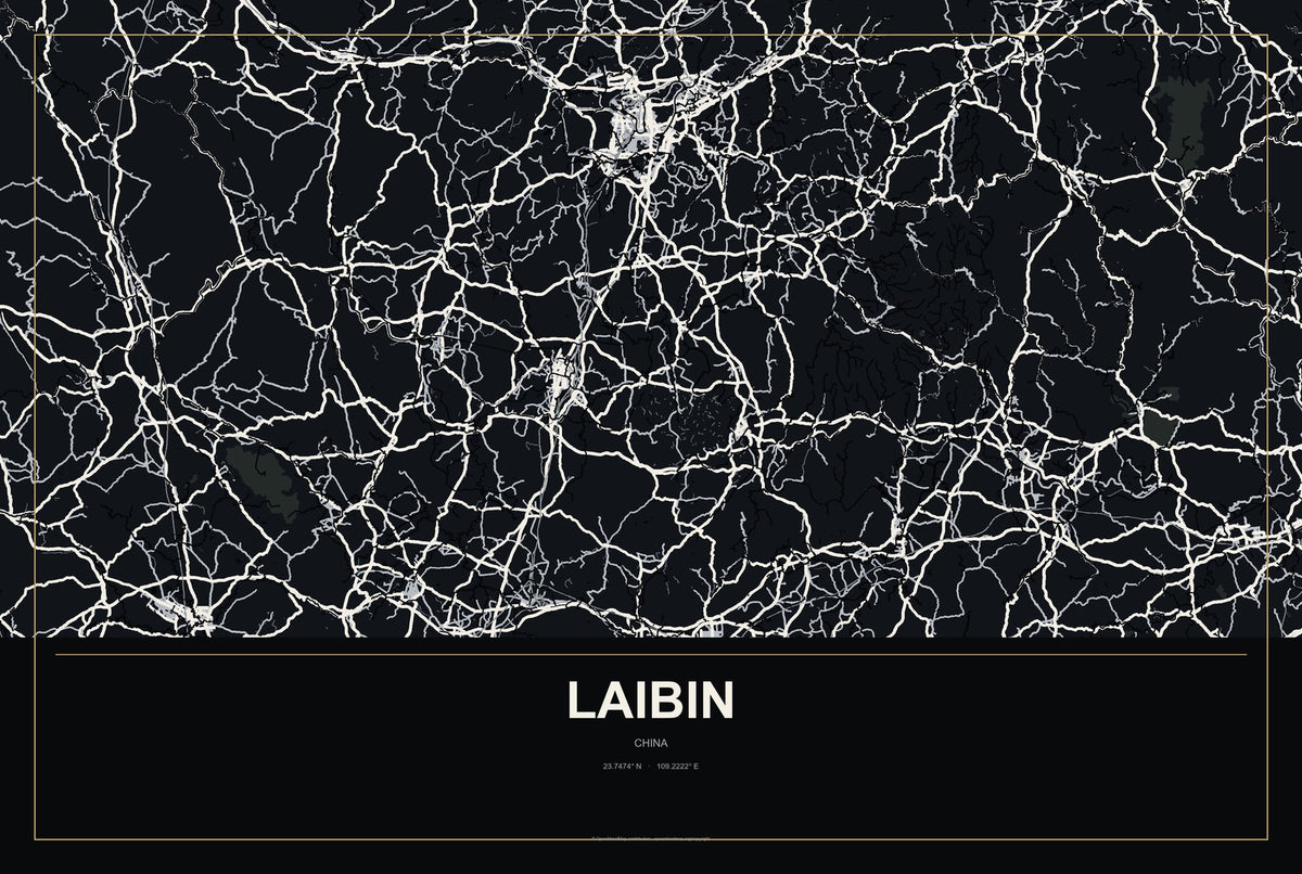 Laibin, China City Map Aluminum Sign in Metropolitan Noir style