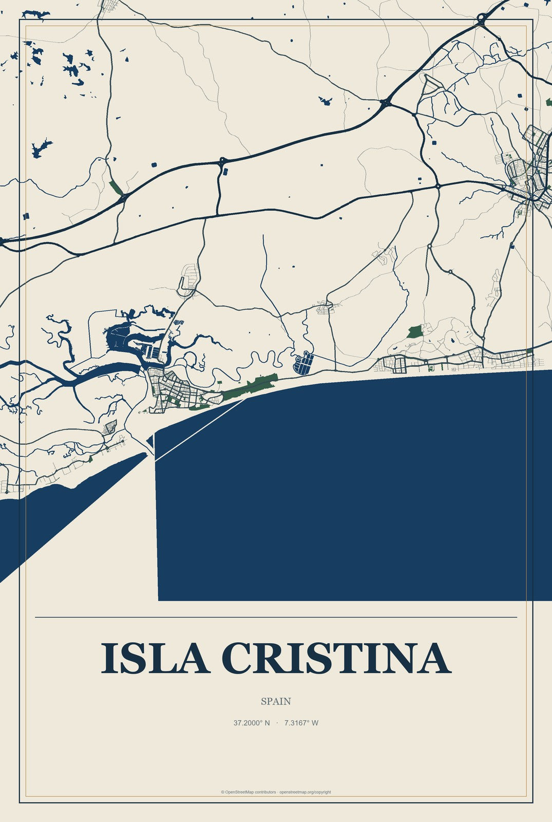 Isla Cristina, Spain City Map Aluminum Sign in Coastal Cutout style