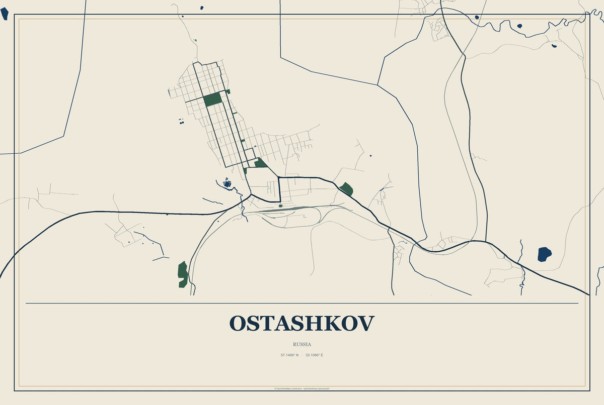 Ostashkov, Russia City Map Aluminum Sign in Coastal Cutout style