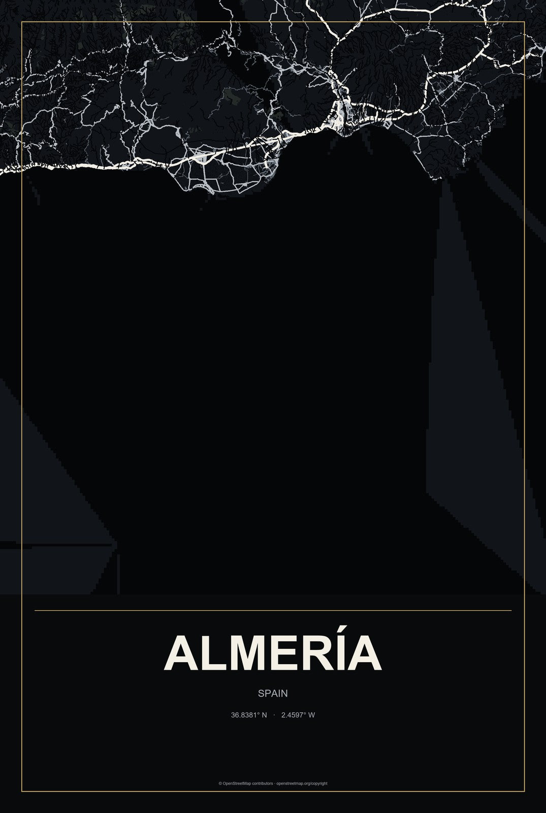 Almería, Spain City Map Aluminum Sign in Metropolitan Noir style
