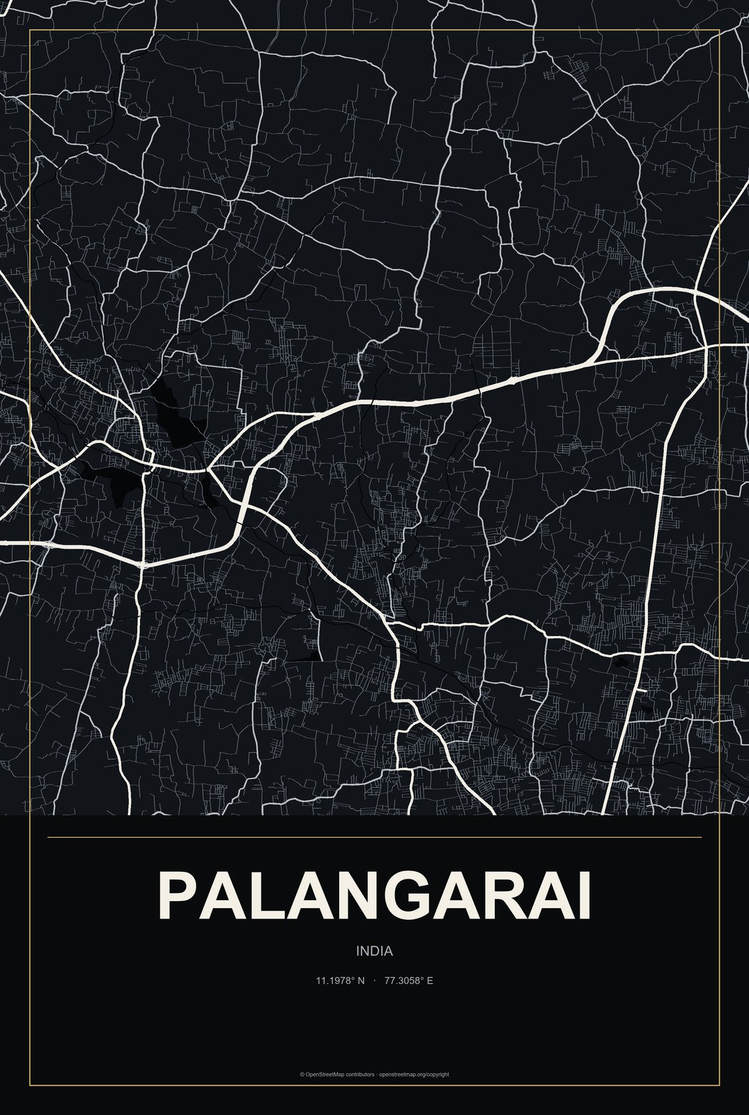Palangarai, India City Map Aluminum Sign in Metropolitan Noir style