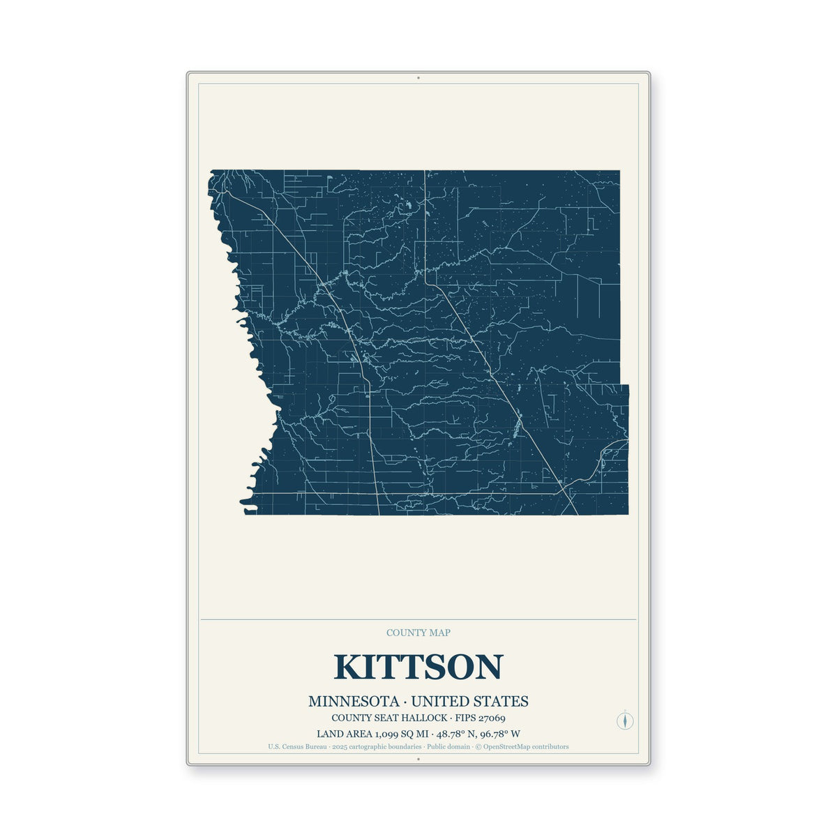 Kittson County, Minnesota Map Aluminum Sign in Coastal Cutout style