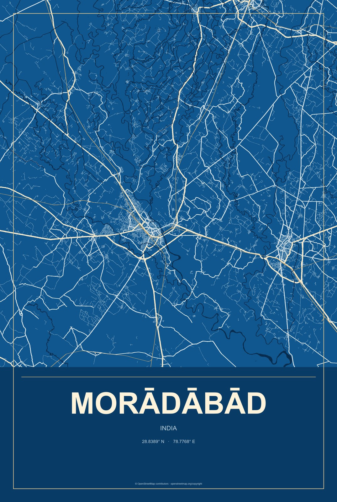Morādābād, India City Map Aluminum Sign in Harbor Cobalt style
