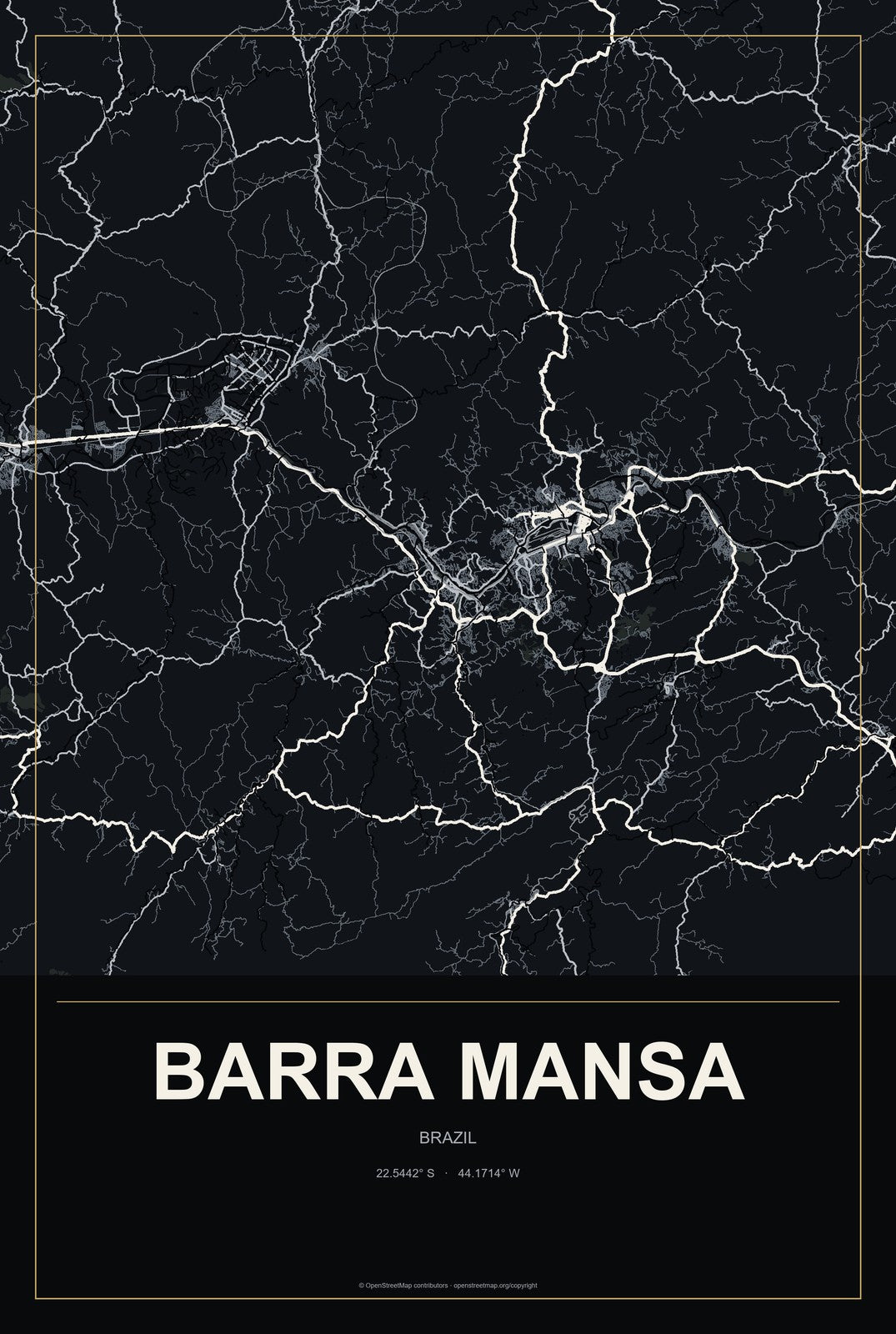 Barra Mansa, Brazil City Map Aluminum Sign in Metropolitan Noir style
