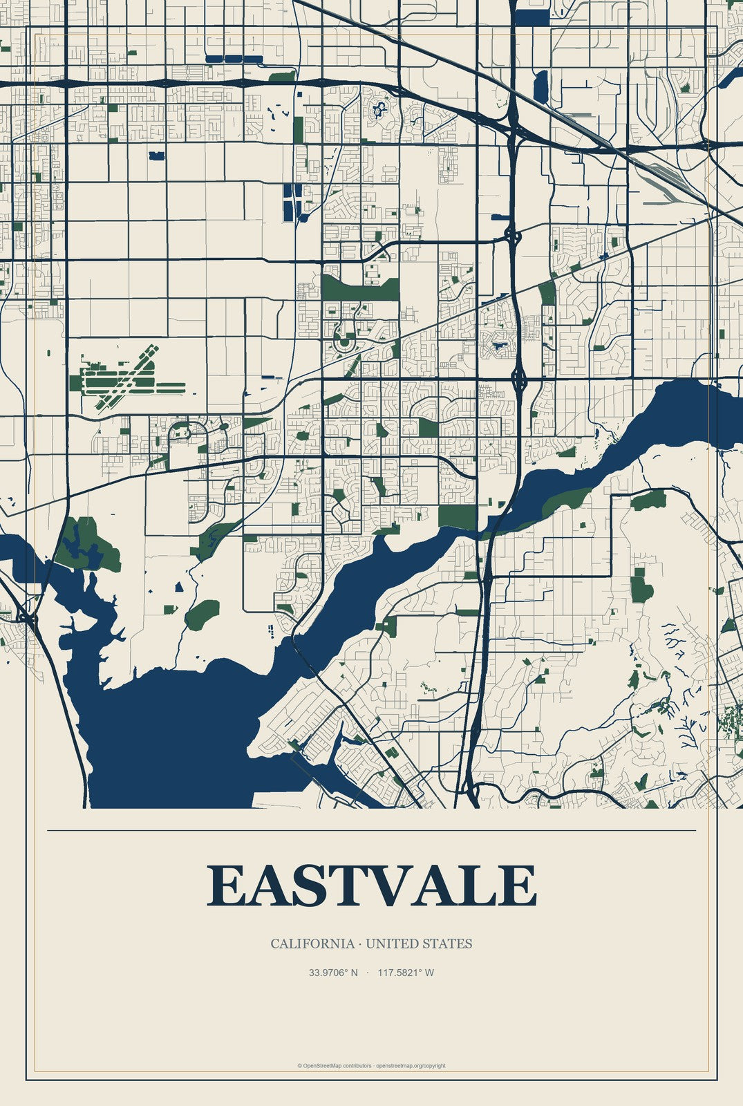 Eastvale, California City Map Aluminum Sign in Coastal Cutout style