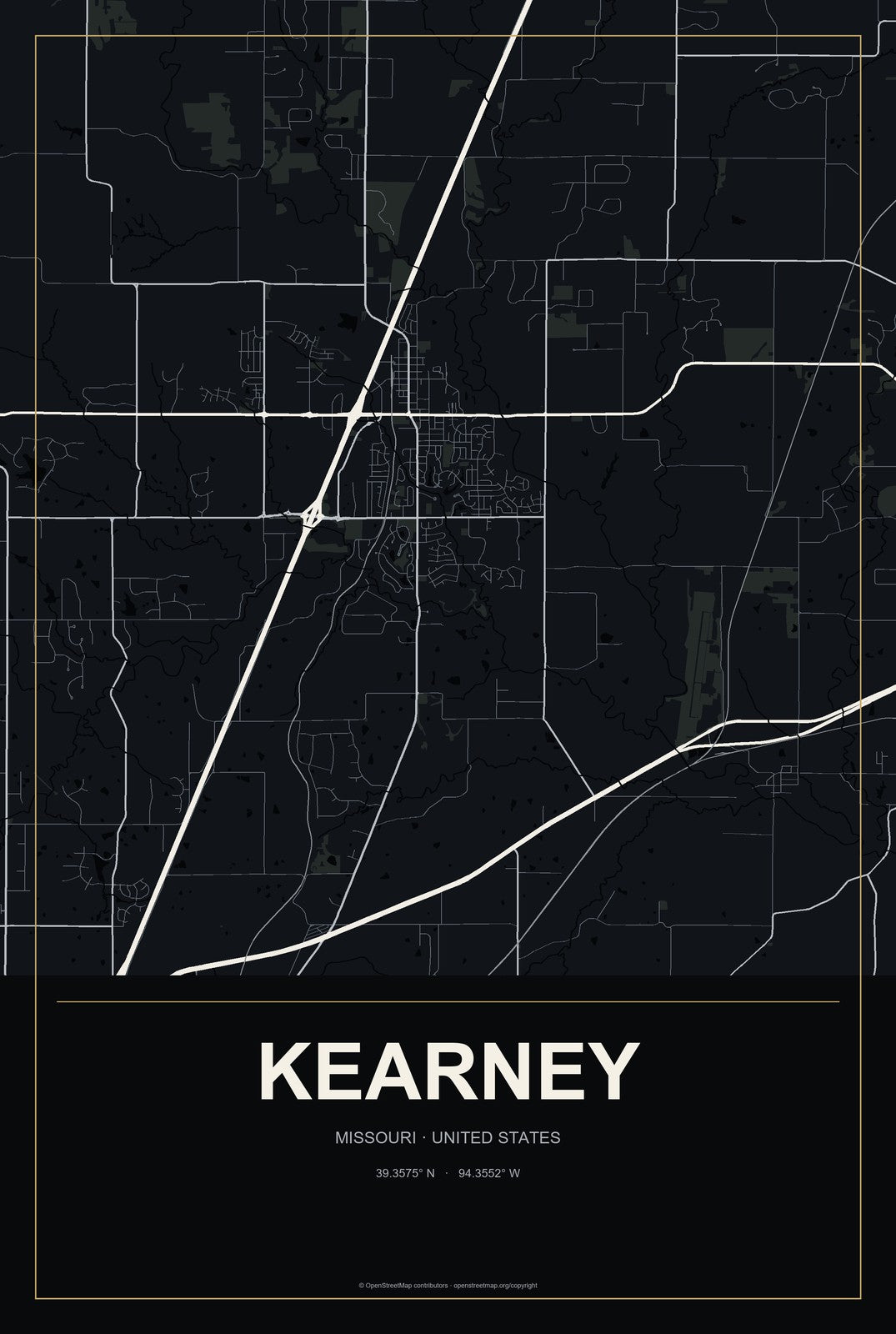 Kearney, Missouri City Map Aluminum Sign in Metropolitan Noir style