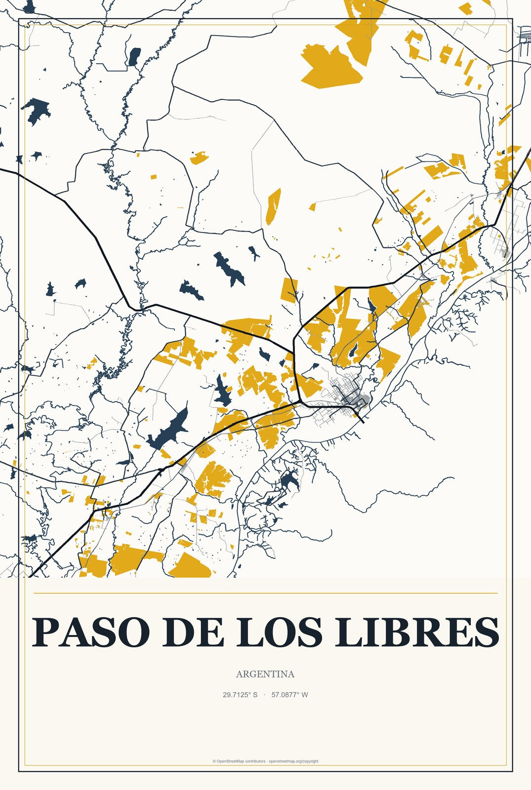 Paso de los Libres, Argentina City Map Aluminum Sign in Citrine Modern style