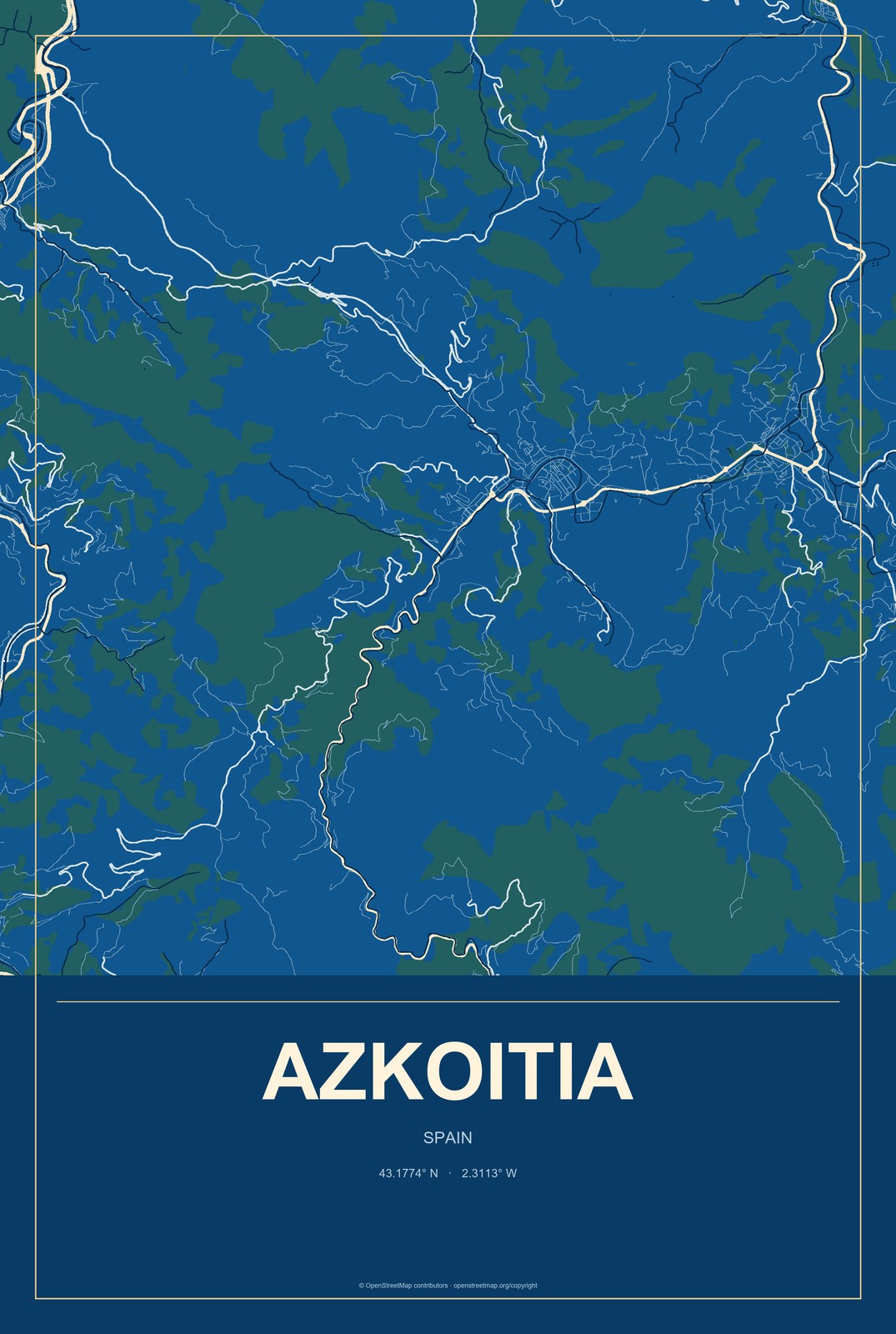 Azkoitia, Spain City Map Aluminum Sign in Harbor Cobalt style