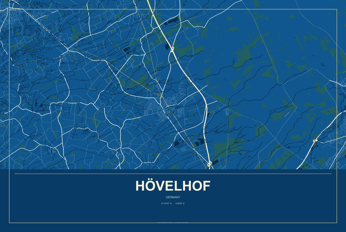 Hövelhof, Germany City Map Aluminum Sign in Harbor Cobalt style