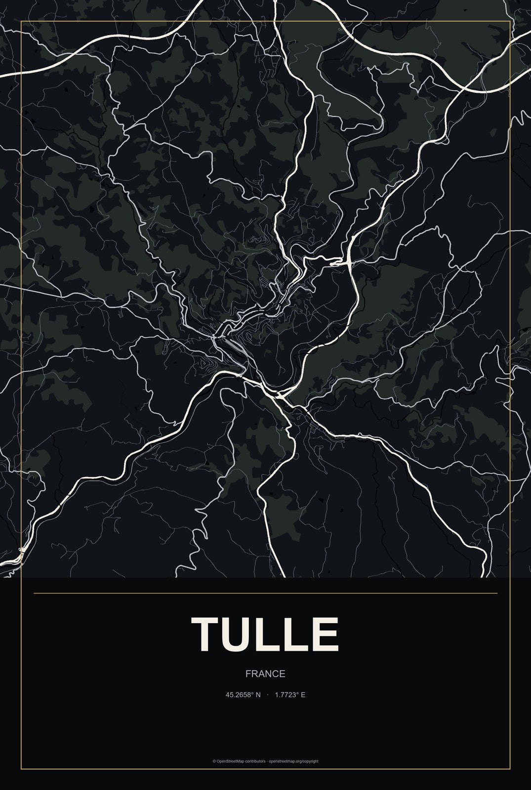 Tulle, France City Map Aluminum Sign in Metropolitan Noir style