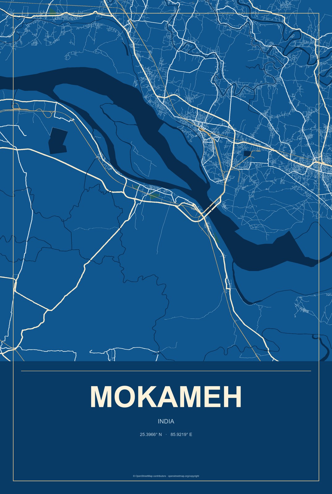 Mokameh, India City Map Aluminum Sign in Harbor Cobalt style