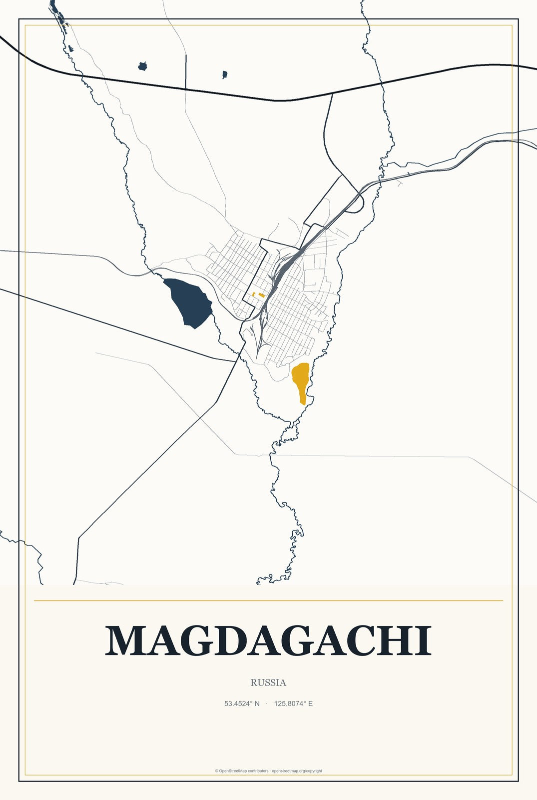 Magdagachi, Russia City Map Aluminum Sign in Citrine Modern style
