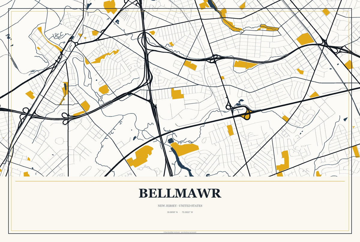 Bellmawr, New Jersey City Map Aluminum Sign in Citrine Modern style