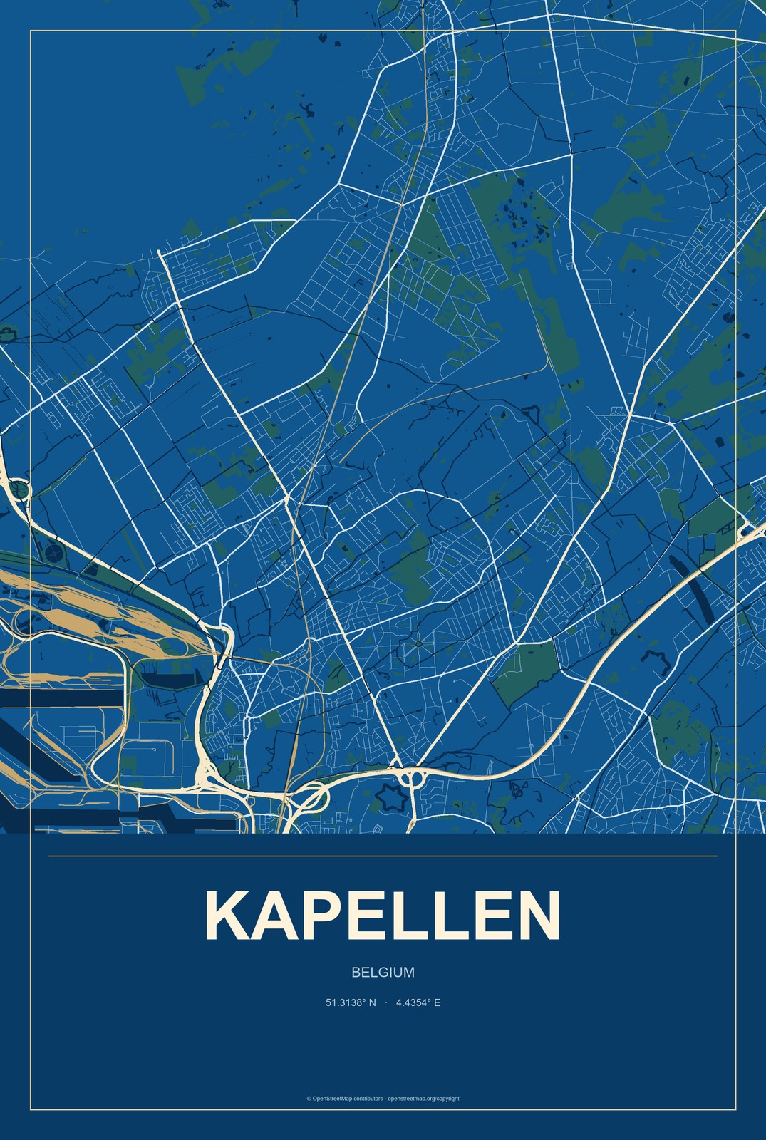 Kapellen, Belgium City Map Aluminum Sign in Harbor Cobalt style