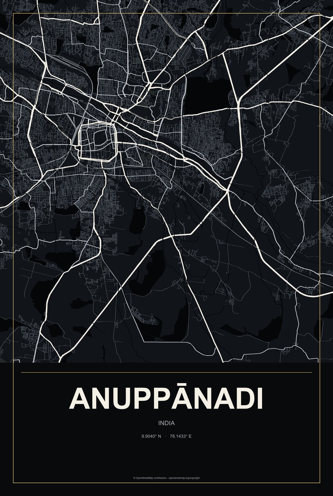 Anuppānadi, India City Map Aluminum Sign in Metropolitan Noir style