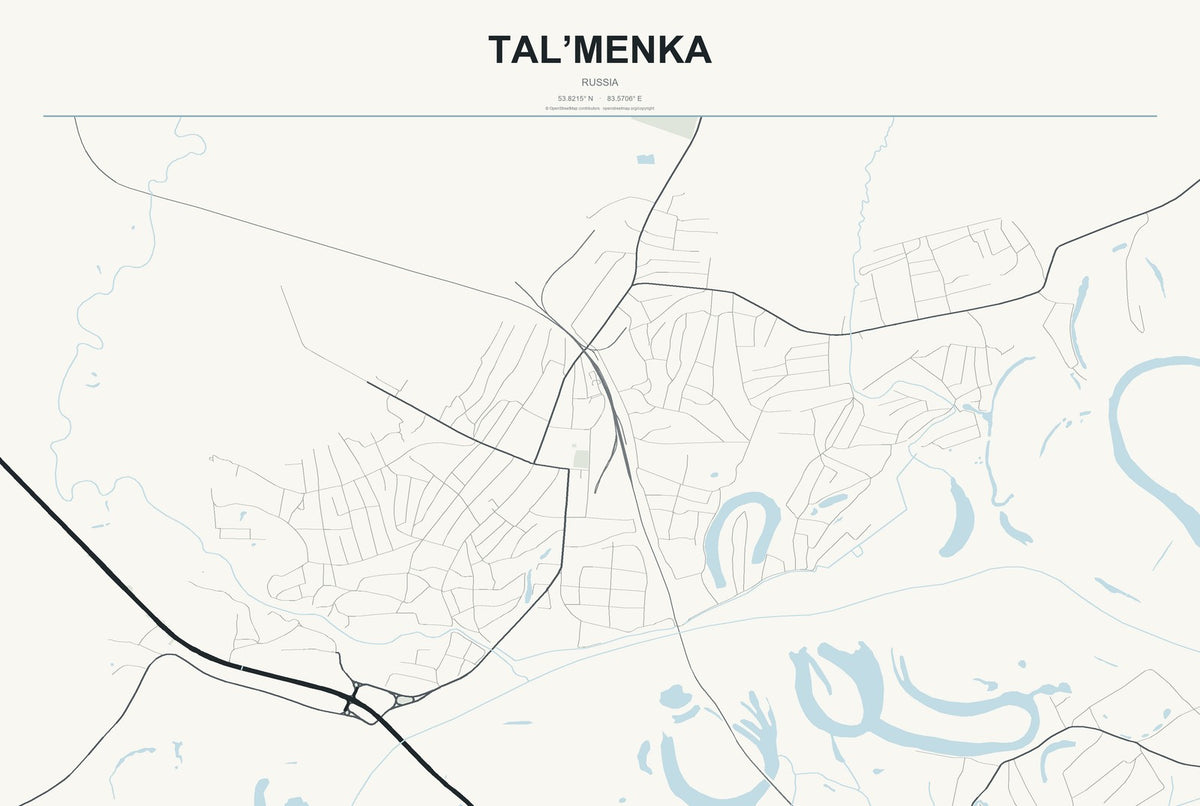 Tal’menka, Russia City Map Aluminum Sign in Headline Atlas style