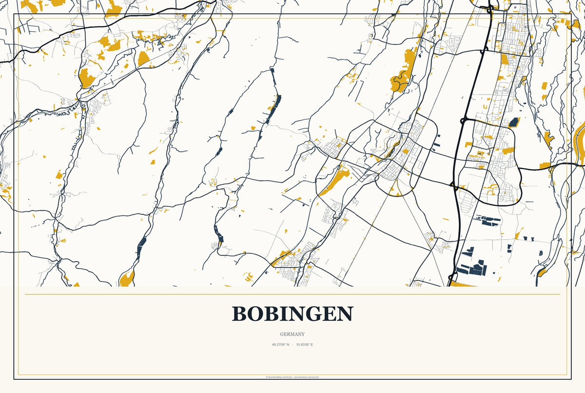 Bobingen, Germany City Map Aluminum Sign in Citrine Modern style