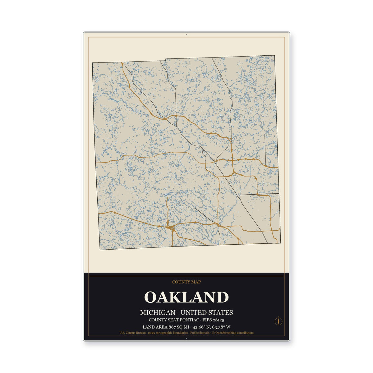 Oakland County, Michigan Map Aluminum Sign in Museum Plaque style