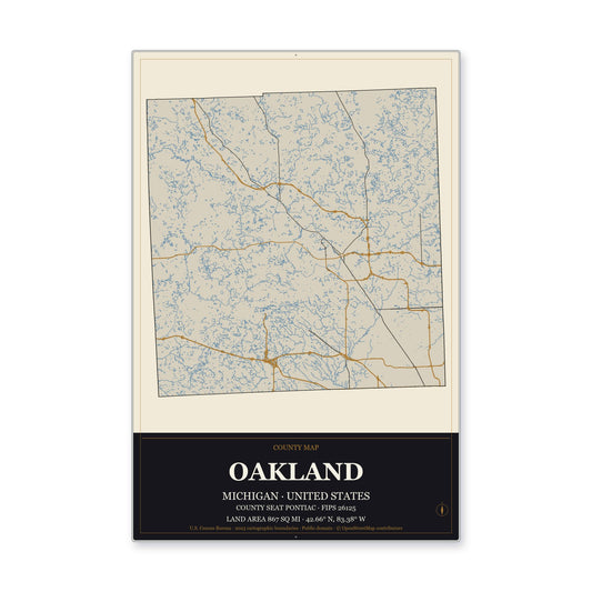 Oakland County, Michigan Map Aluminum Sign in Museum Plaque style
