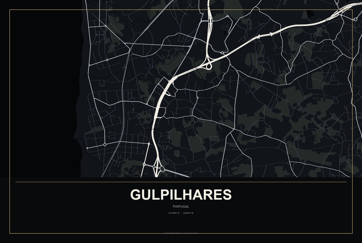 Gulpilhares, Portugal City Map Aluminum Sign in Metropolitan Noir style