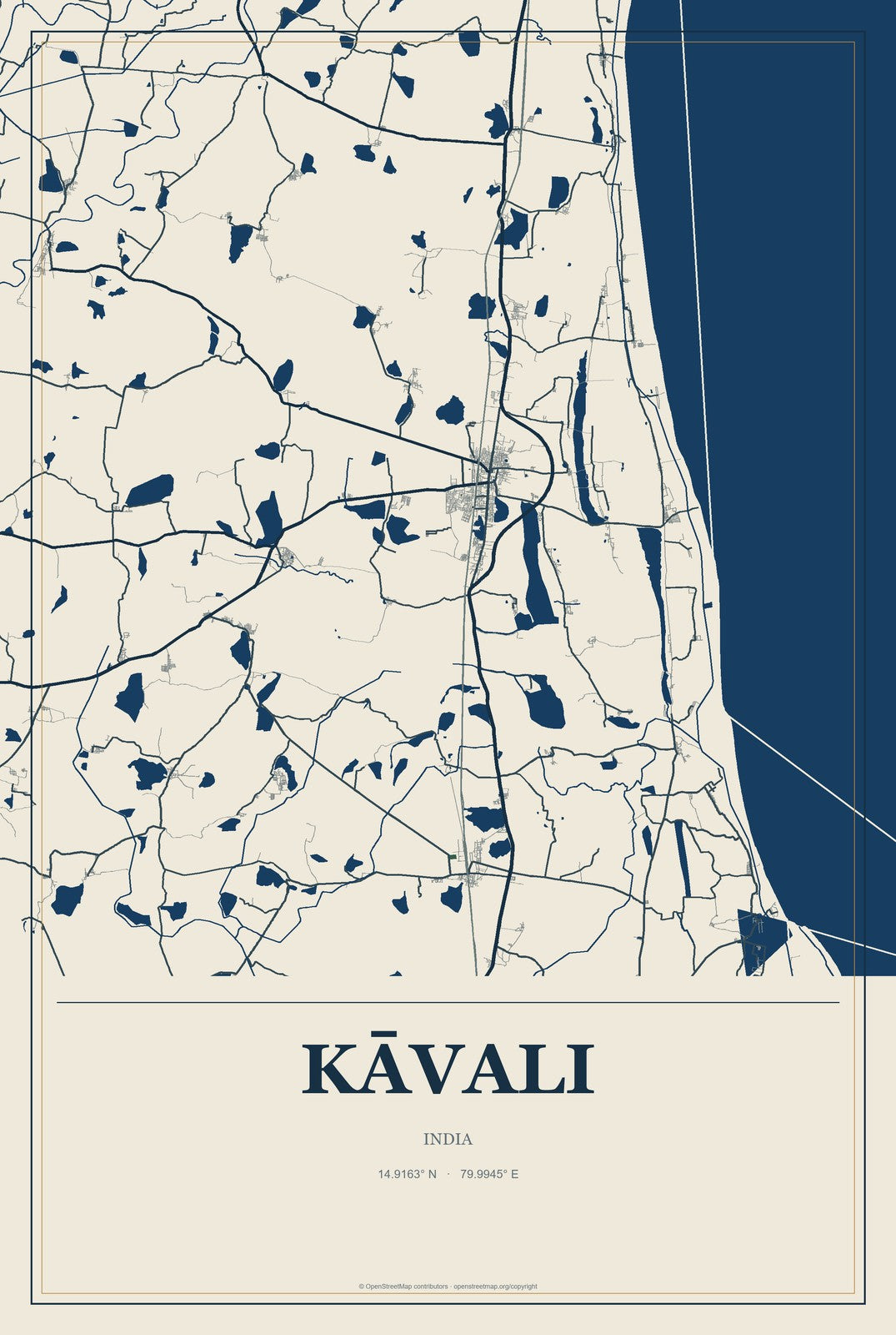 Kāvali, India City Map Aluminum Sign in Coastal Cutout style