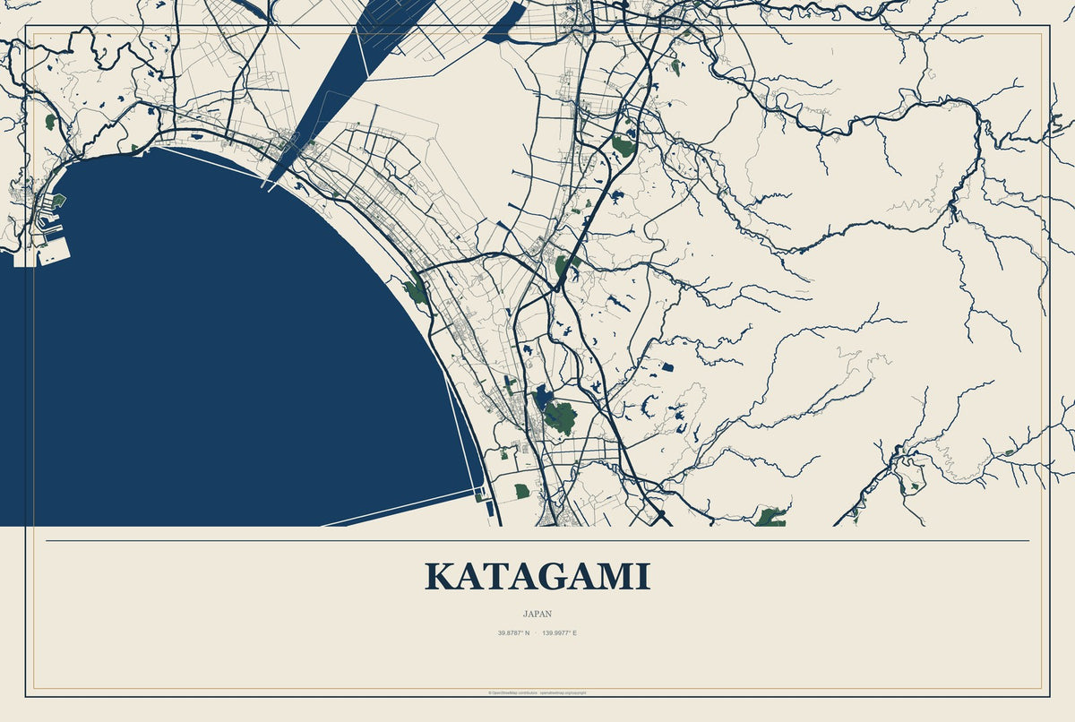 Katagami, Japan City Map Aluminum Sign in Coastal Cutout style