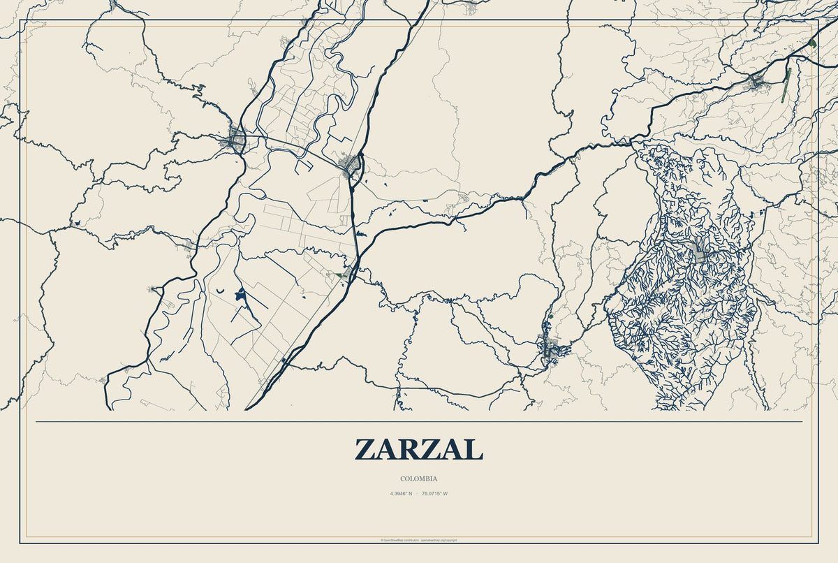 Zarzal, Colombia City Map Aluminum Sign in Coastal Cutout style