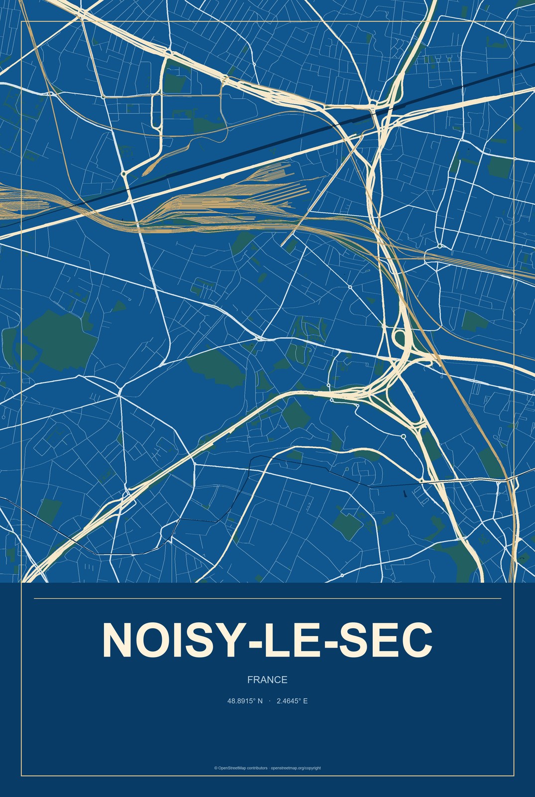 Noisy-le-Sec, France City Map Aluminum Sign in Harbor Cobalt style