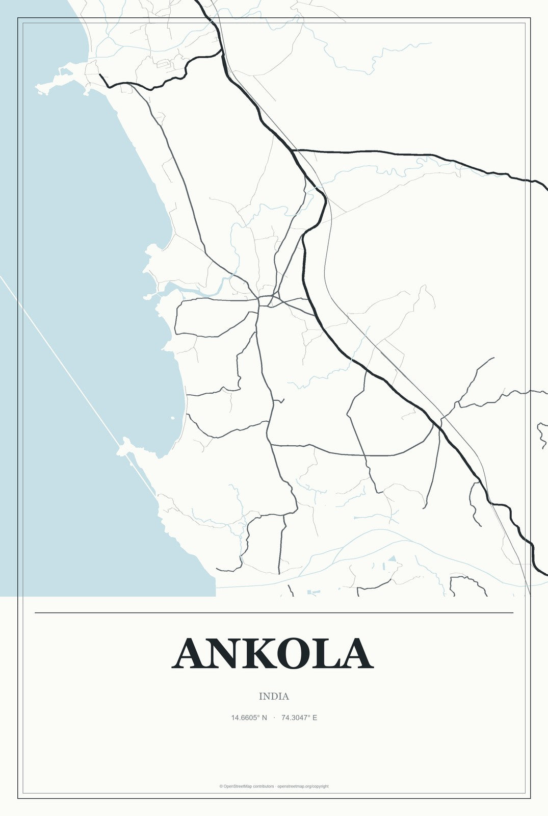 Ankola, India City Map Aluminum Sign in Gallery Air style