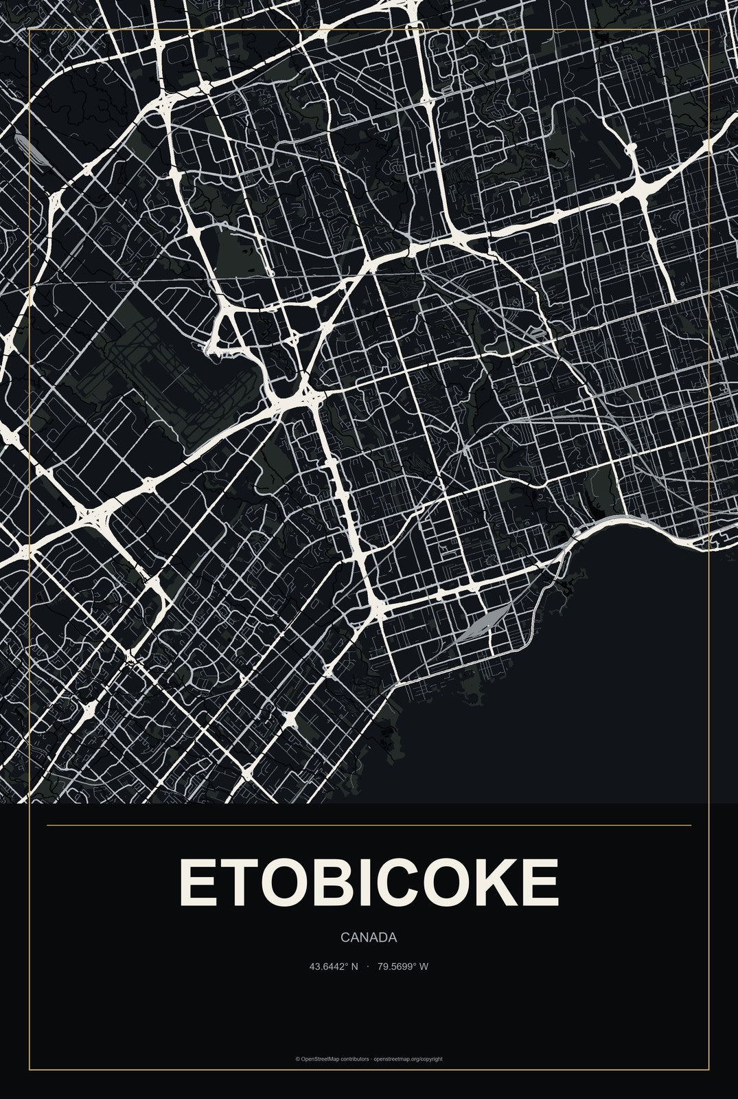 Etobicoke, Canada City Map Aluminum Sign in Metropolitan Noir style