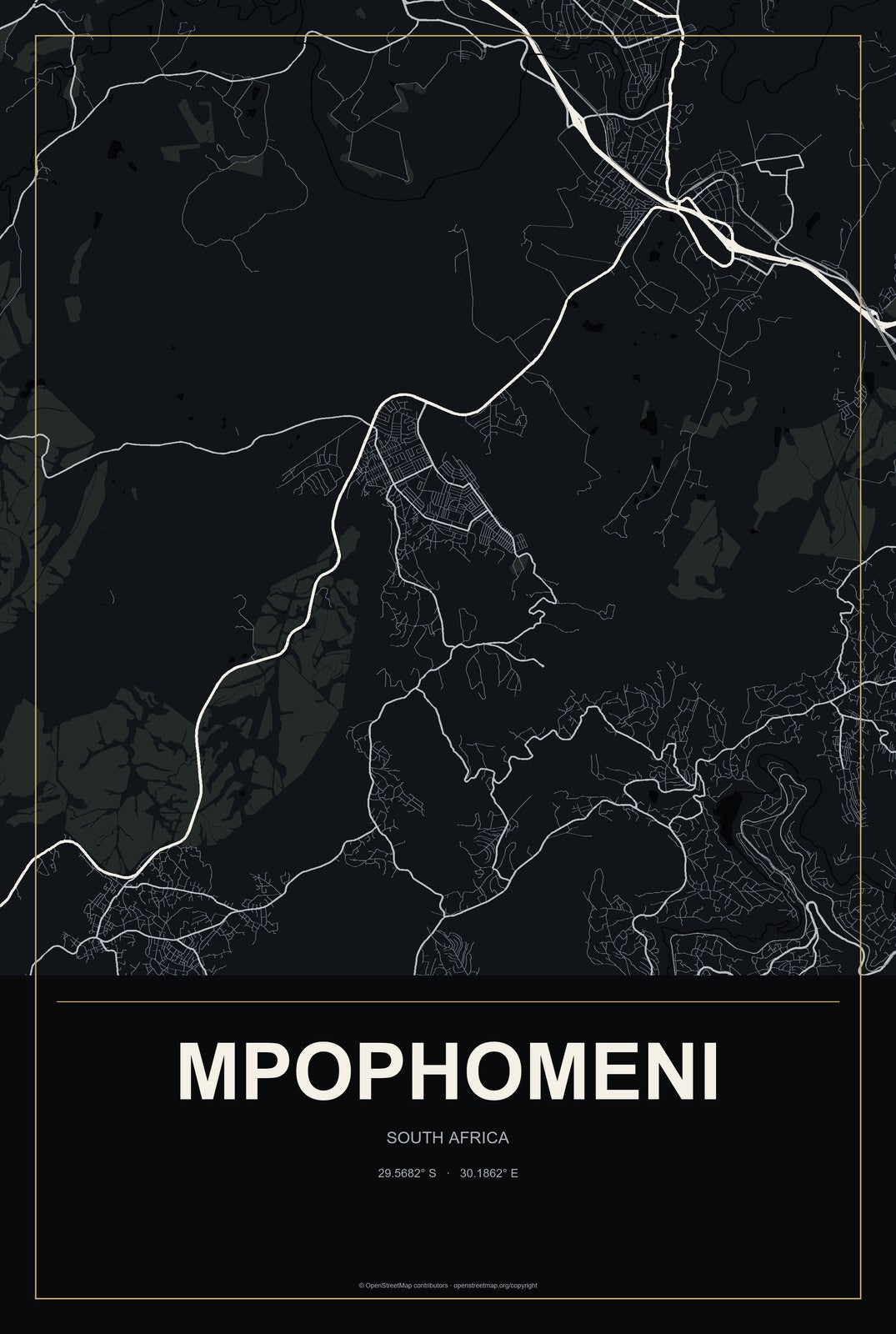 Mpophomeni, South Africa City Map Aluminum Sign in Metropolitan Noir style