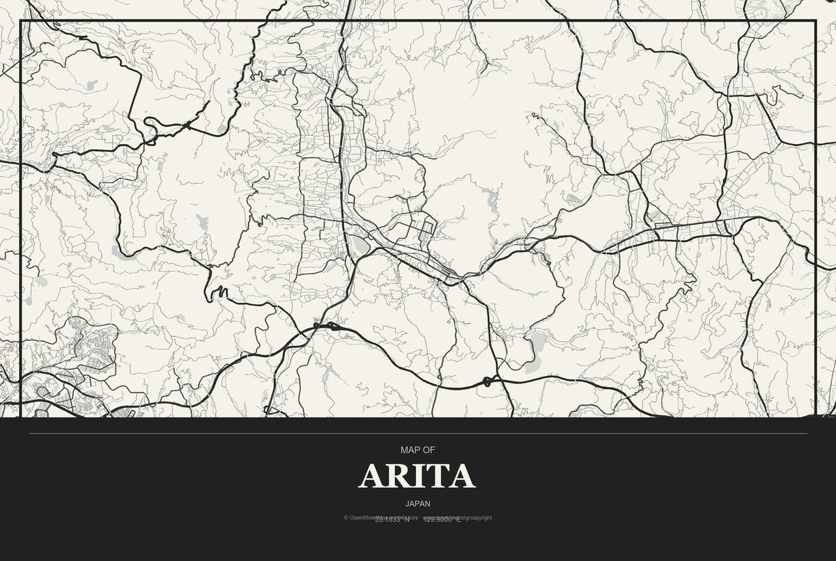 Arita, Japan City Map Aluminum Sign in Museum Plaque style