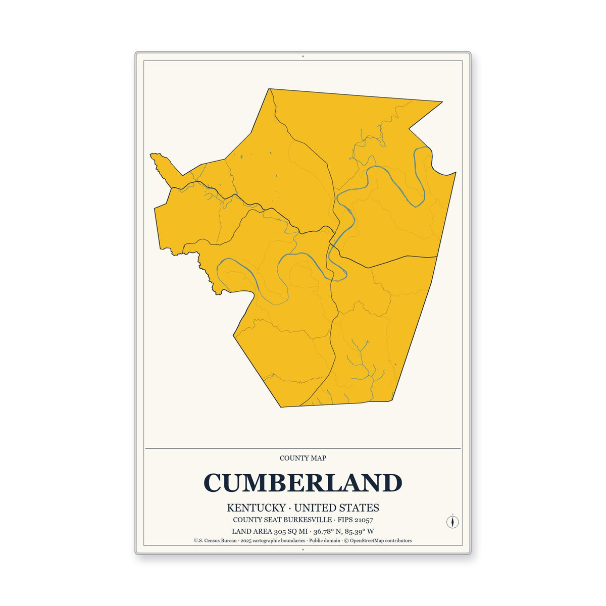 Cumberland County, Kentucky Map Aluminum Sign in Citrine Modern style