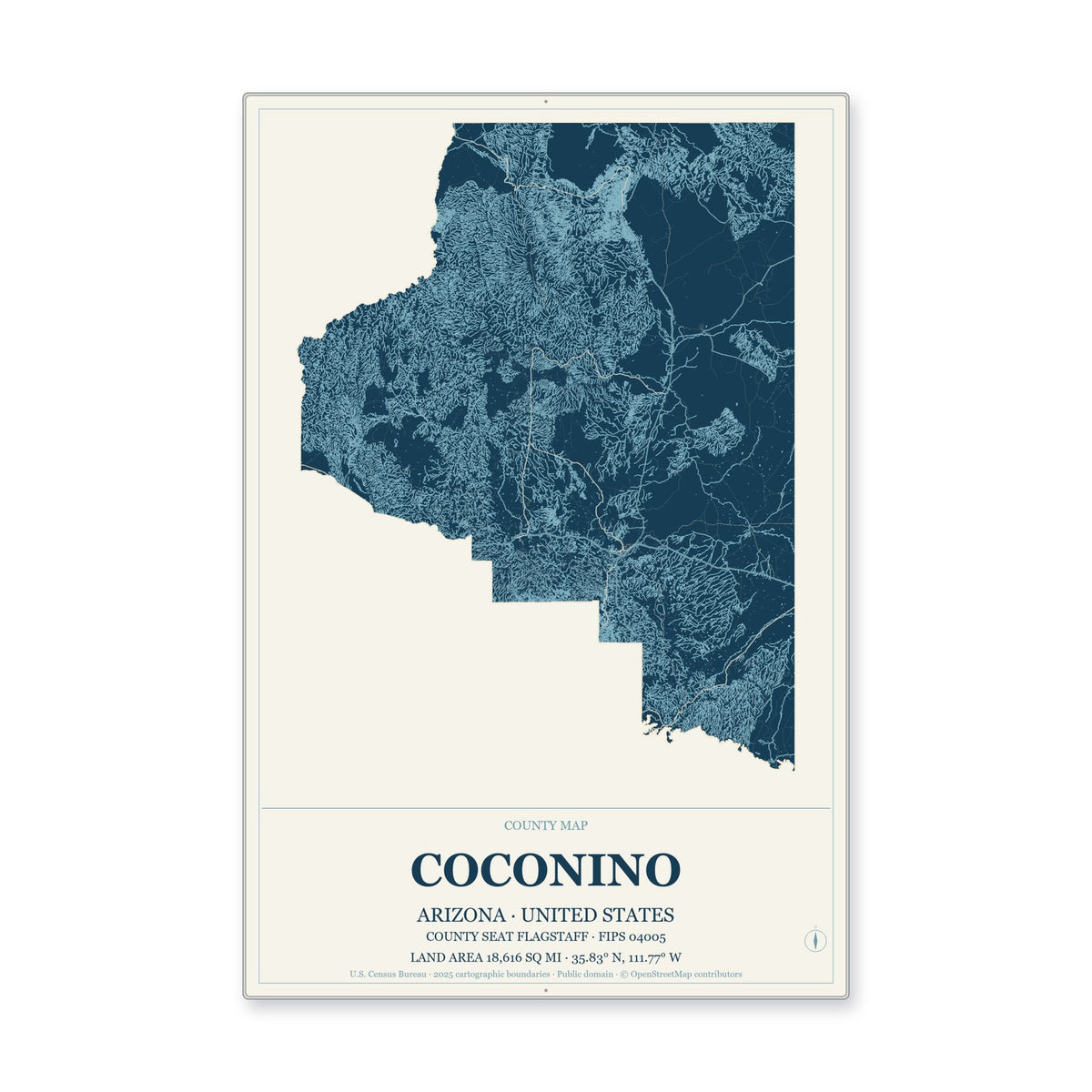 Coconino County, Arizona Map Aluminum Sign in Coastal Cutout style