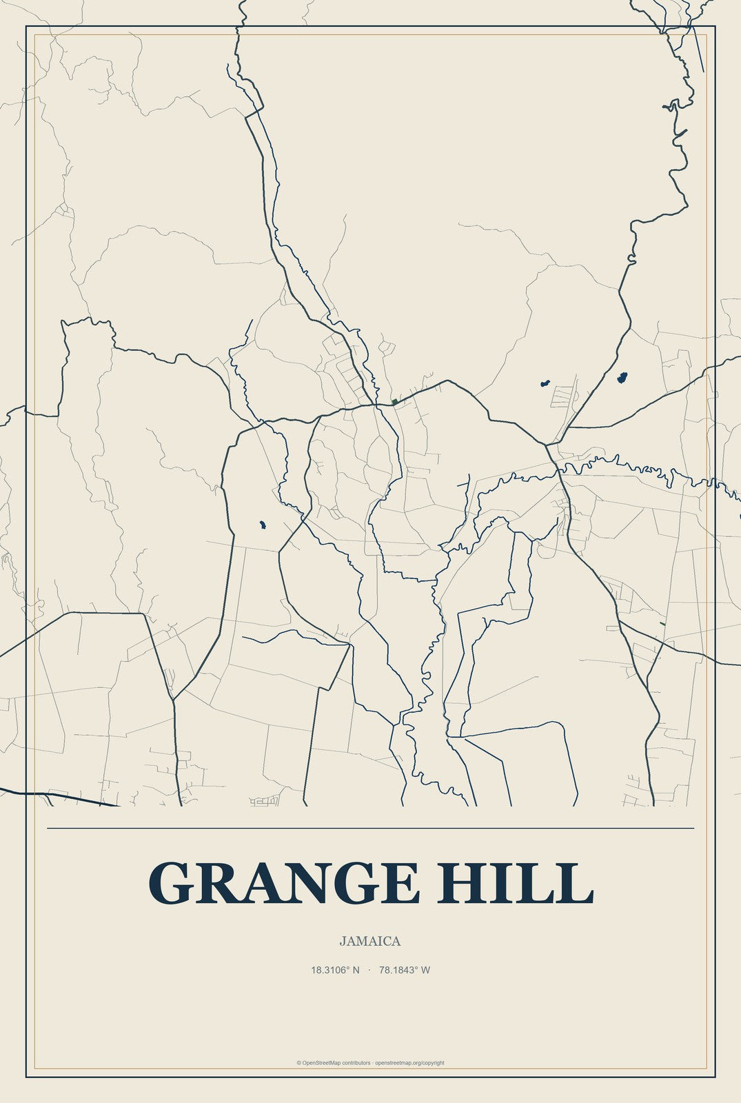Grange Hill, Jamaica City Map Aluminum Sign in Coastal Cutout style