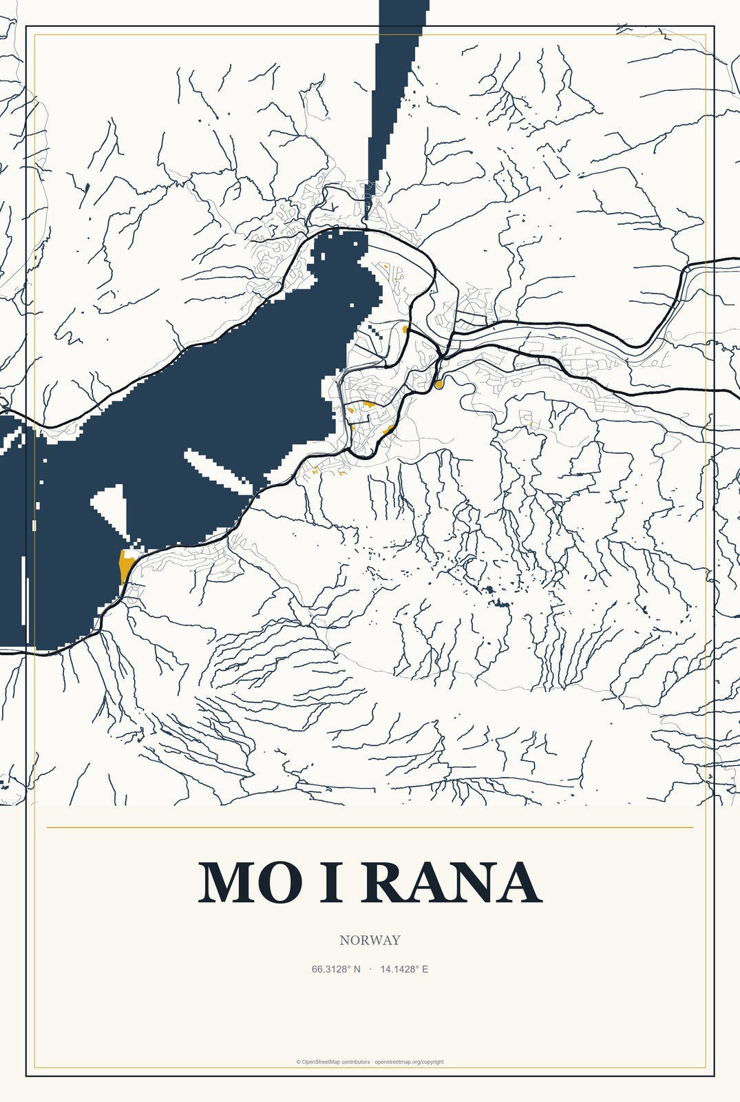 Mo i Rana, Norway City Map Aluminum Sign in Citrine Modern style