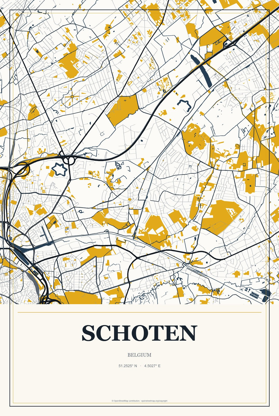 Schoten, Belgium City Map Aluminum Sign in Citrine Modern style