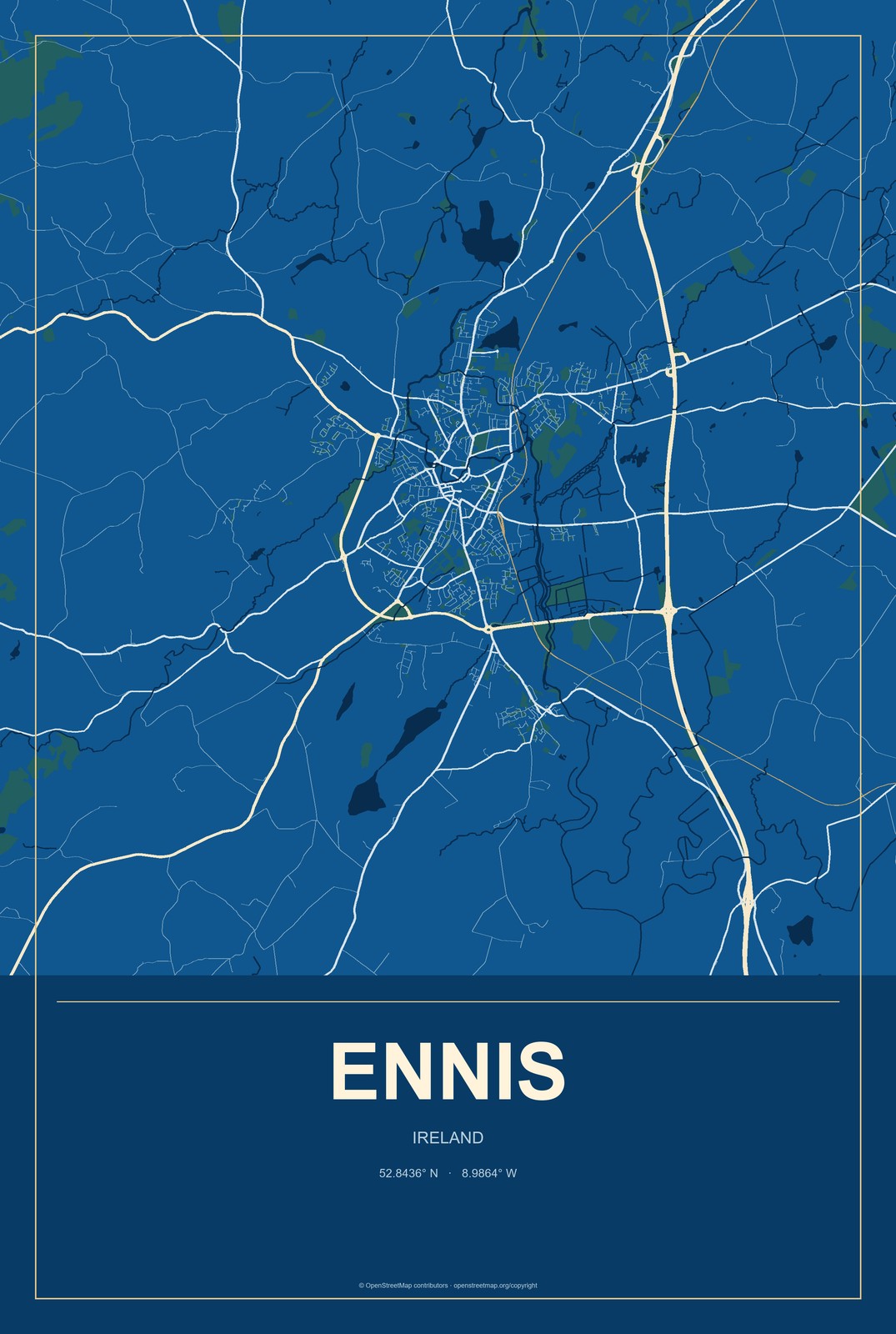 Ennis, Ireland City Map Aluminum Sign in Harbor Cobalt style