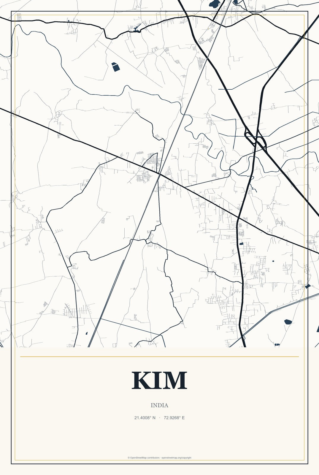 Kim, India City Map Aluminum Sign in Citrine Modern style