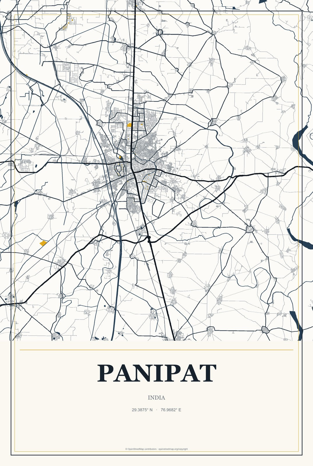 Panipat, India City Map Aluminum Sign in Citrine Modern style