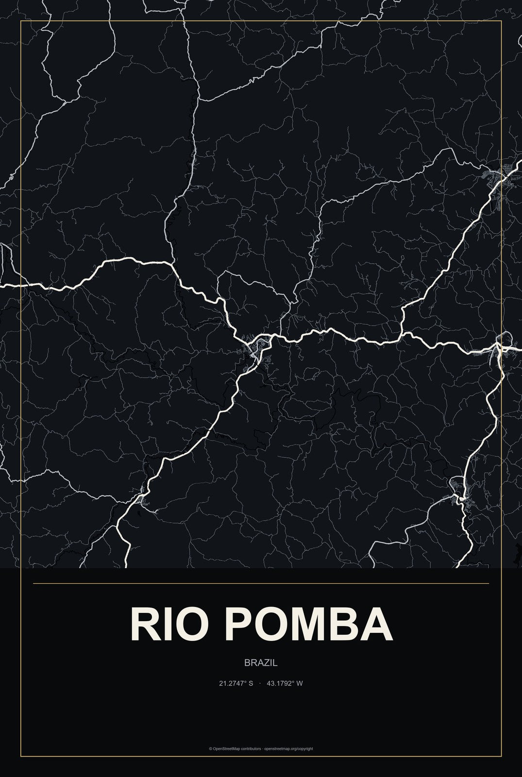 Rio Pomba, Brazil City Map Aluminum Sign in Metropolitan Noir style