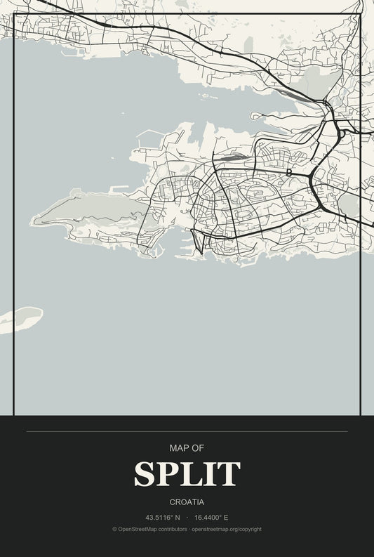 Split, Croatia City Map Aluminum Sign in Museum Plaque style