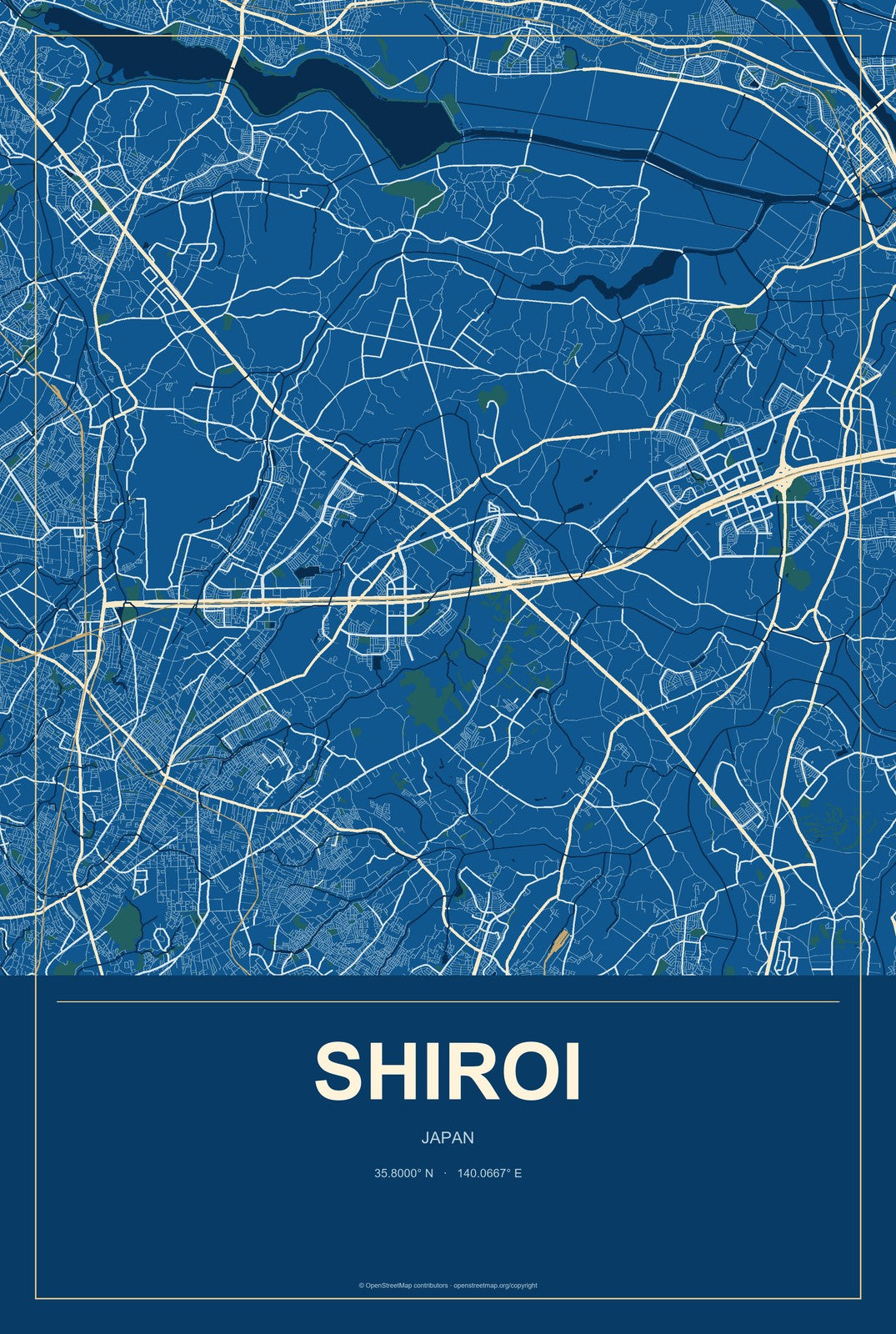 Shiroi, Japan City Map Aluminum Sign in Harbor Cobalt style