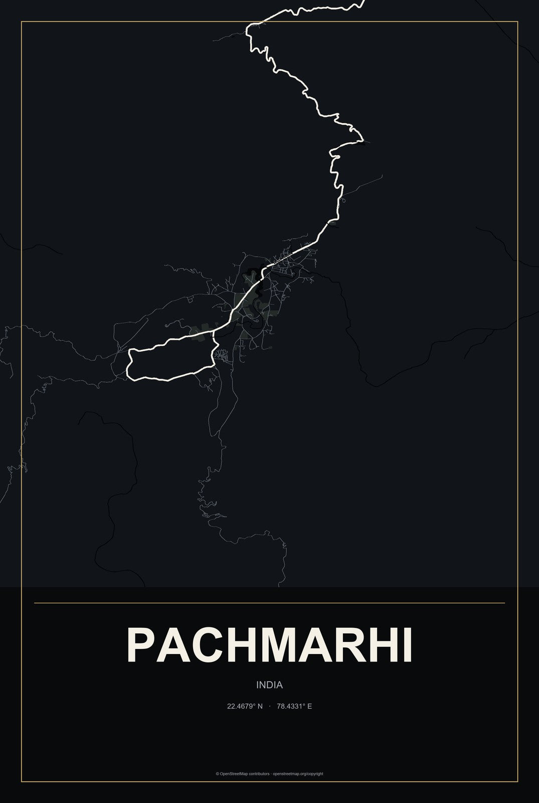Pachmarhi, India City Map Aluminum Sign in Metropolitan Noir style