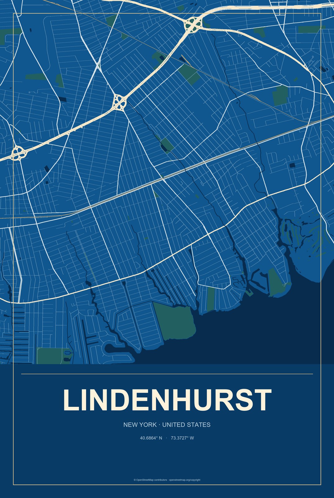 Lindenhurst, New York City Map Aluminum Sign in Harbor Cobalt style