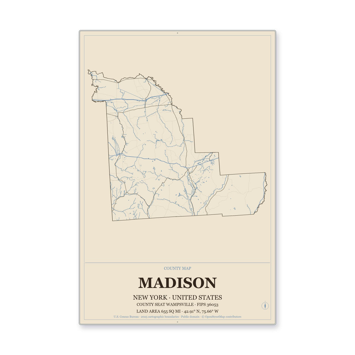 Madison County, New York Map Aluminum Sign in Heritage Nautical style