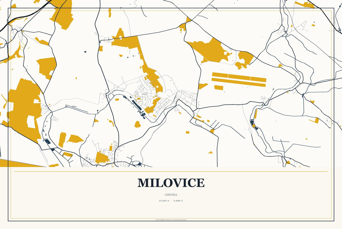 Milovice, Czechia City Map Aluminum Sign in Citrine Modern style